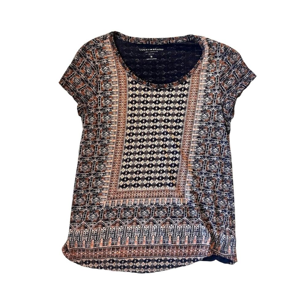 LUCKY BRAND Burnout Sheer Boho Western Festival • M • Rust Geo Short Sleeve Top